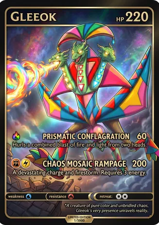 A collector card for Gleeok, a three-headed rainbow dragon