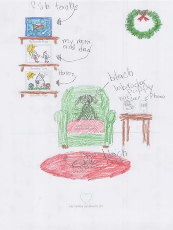 A holiday card drawn by hand: an armchair, a tree and a wreath