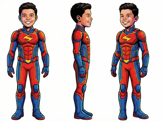 A character sheet: a young superhero in a red and blue suit from three angles