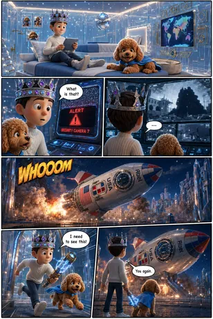 A comic book page: a boy and his poodle discover a rocket