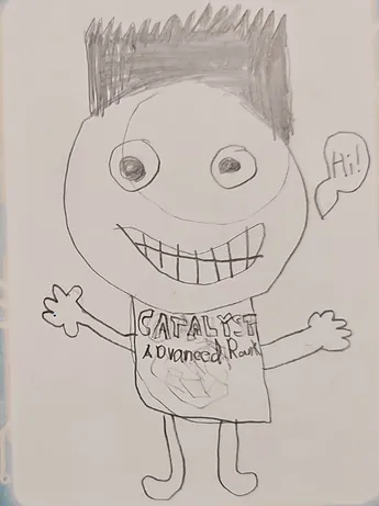 A pencil sketch of a grinning creature with spiky hair