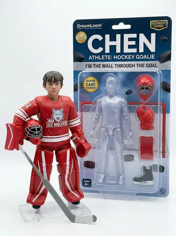 An action figure of a hockey goalie in a red jersey, in its retail packaging