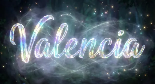 The name Valencia written in glowing glass script