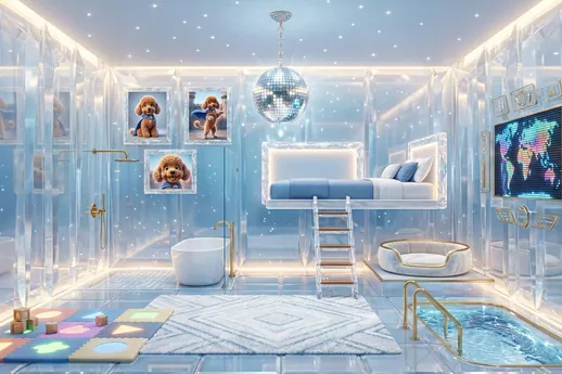 The dream bedroom rendered in 3D: glass walls, a disco ball and a pool