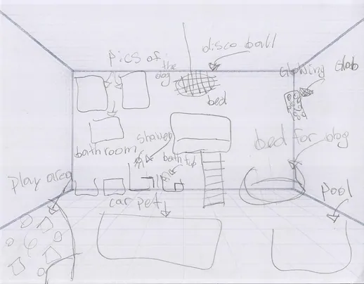 A pencil plan of a dream bedroom with a disco ball, bunk bed and pool