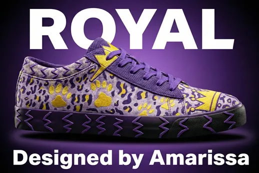 The finished sneaker: purple animal print with yellow lightning, titled ROYAL