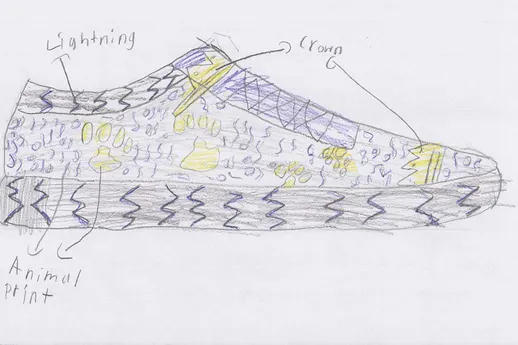 A sneaker sketched on paper, with notes for lightning, a crown and animal print
